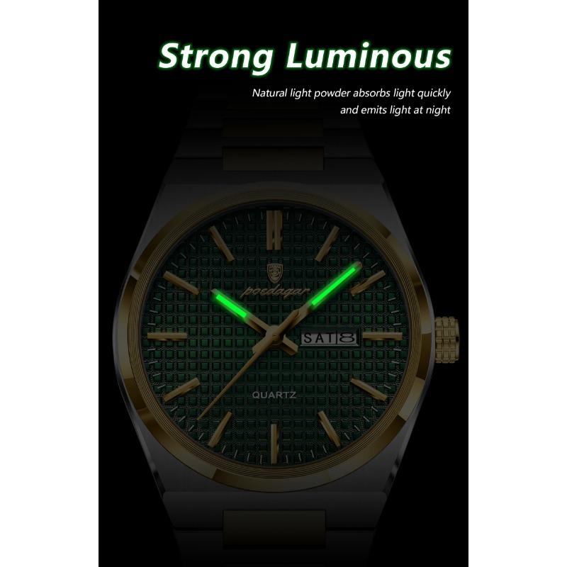 POEDAGAR Luxe Herenhorloge Datum Week Waterdicht Lichtgevend Roestvrij Staal Horloge voor Man Casual Kwarts Horloges Mannelijk Sport+Doos