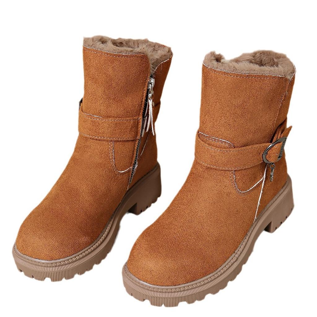 Foreign Trade Explosion Thick-soled Snow Boots Women's New Winter Warm Piled Thickened Belt Buckle Side Zipper Round Head Short Boots