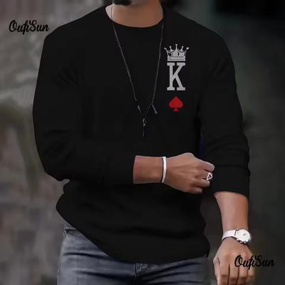 Moda Erkek Uzun Kollu Tişörtler Poker Baskılı Bol O Yaka Üstler Oversize Günlük Tişört Erkekler İçin