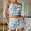 Women's Pajama Set Ribbed Floral Ruffles 2 Piece Sleepwear Crop Cami Top And Shorts Soft Pjs Lounge Set
