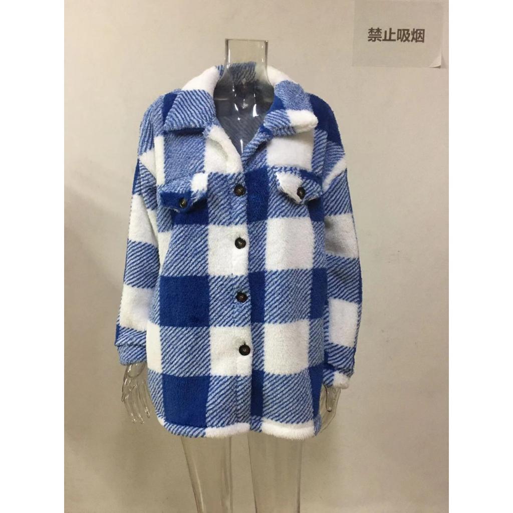 Dameklær Høst og Vinter med Lommer, Rutete Lammeullsjakke, Knappelukket Plysjjakke