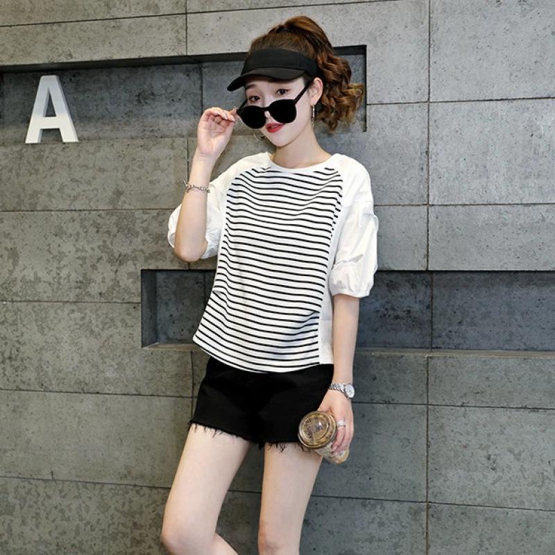 Striped Stitching Fake Two-piece Short-sleeved Shirt for Women Summer New Round Neck Top