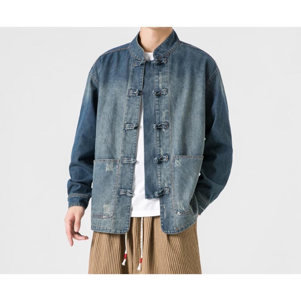 Мужская джинсовая куртка в ретро китайском стиле, на весну-осень, с длинными рукавами, воротником-стойкой, винтажная этническая рубашка-пиджак S синий