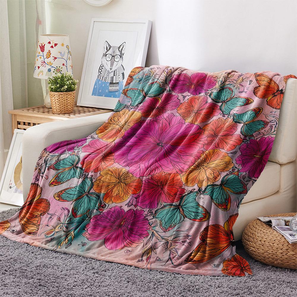 Flower Butterfly  Print Flannel Blanket, High quality Comfortable for All Seasons, Home Decor, Warmth and Comfort