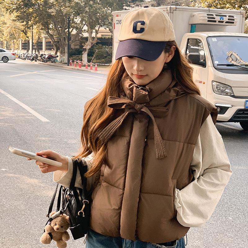 Autumn and Winter New Cotton Vest Women's Style Short Hooded Thickened Sleeveless Cotton Vest Vest Vest Jacket Trendy