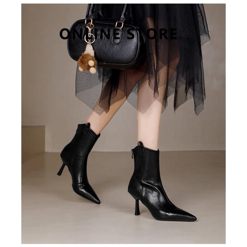 New French Back Zip Pointed Toe Booties Fashion Soft Leather Skinny Heel Skinny Boots Fall 40 5300₽