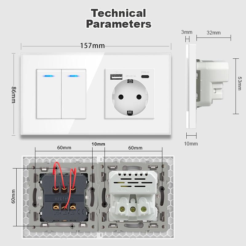 European Style Type 157 16A USB Wall Socket with LED Light, Glass Finish.