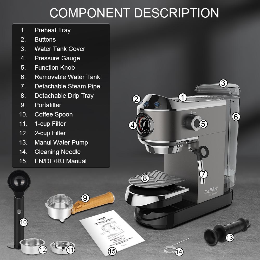 Biolomix 7008 Stainless Steel Espresso Coffee Machine,20Bar Pressure,1450W,Pressure Gauge,Milk Frother Steam Wand,Tank for Home Latte Cappuccino