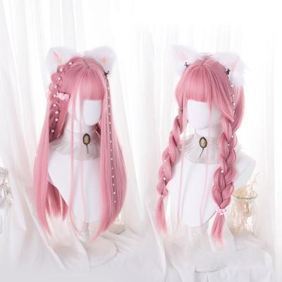 Pink Wine Red White Synthetic Long Straight Cosplay Lolita Harajuku Wig with Bangs Braided Halloween Wig for Women Daily Wear