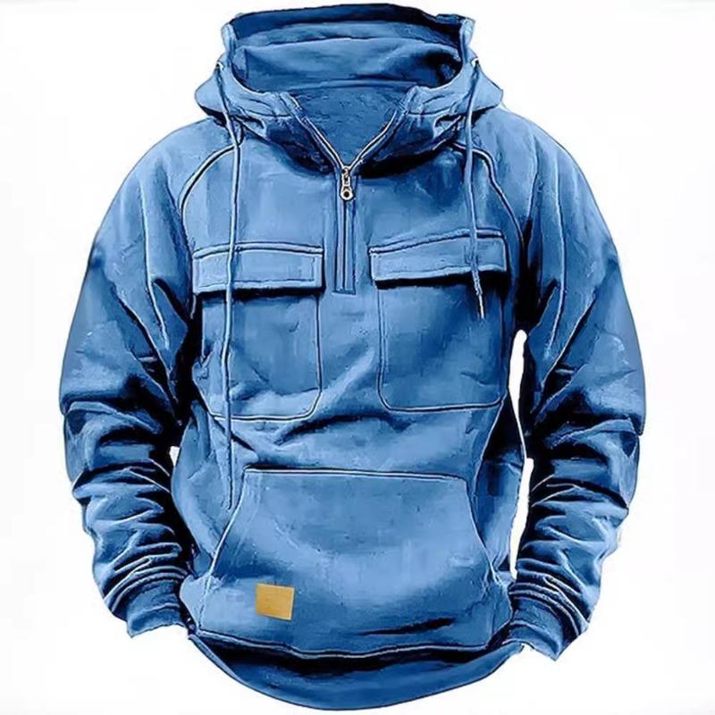 Men’s Solid Color Hooded Sweatshirt with Multi Pockets