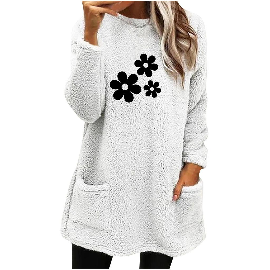 New Cartoon Print Long Sleeve Loose Round Neck Pullover Pocket Fleece Hoodie