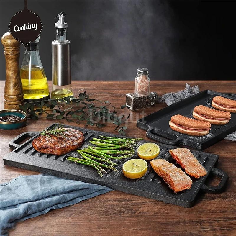 Barbecue tray Cast iron baking tray Outdoor rectangular barbecue pan Steak Barbecue Plate Double sided baking tray Iron plate