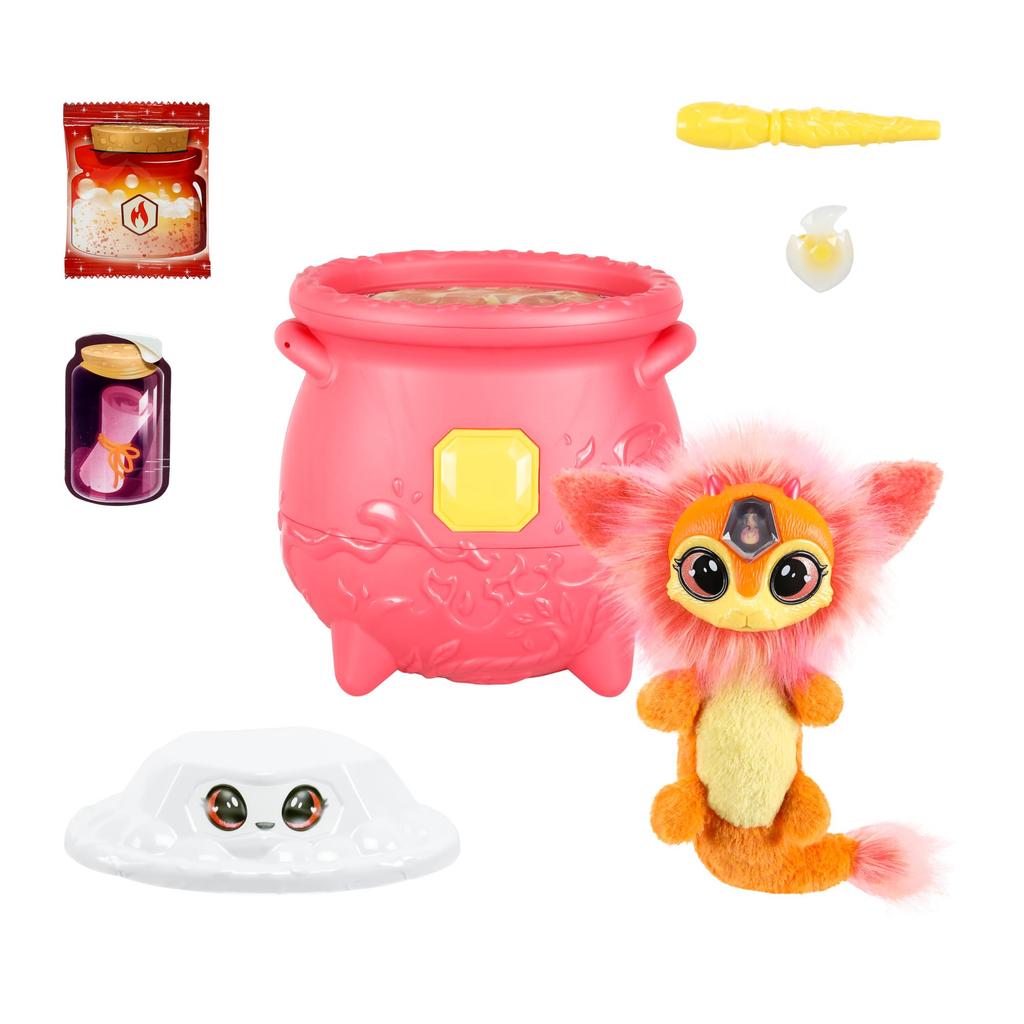 Magic Mixies Magical Gem Surprise Fire Fizzing Cauldron Reveal Mixies plush toy and magic ring with The Fizzing Cauldron Medium Reveal -
