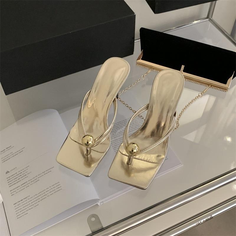 Toe cool slippers women's summer fashion outer wear flip-flops black high heels women's gold bead stiletto sandals