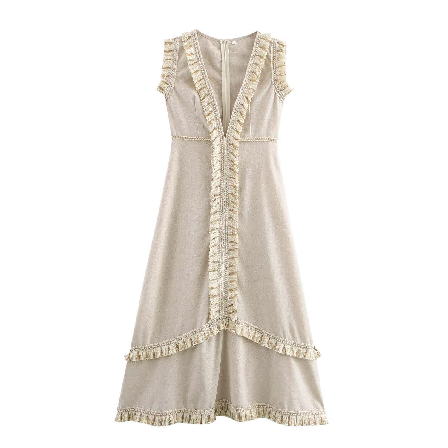 

Весна 2025 Женское платье в европейском и американском стиле с глубоким V-образным вырезом и кисточками для отпуска M бежевый