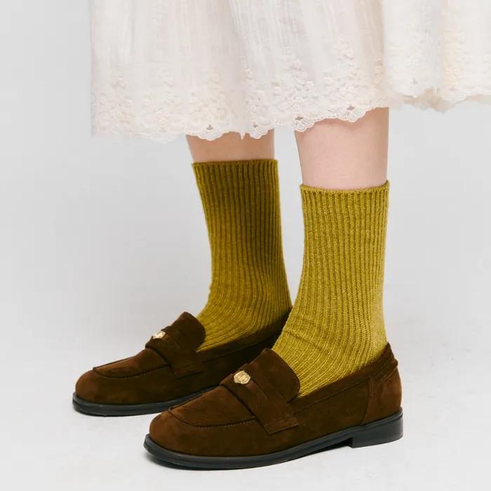 label wool knit socks - olive