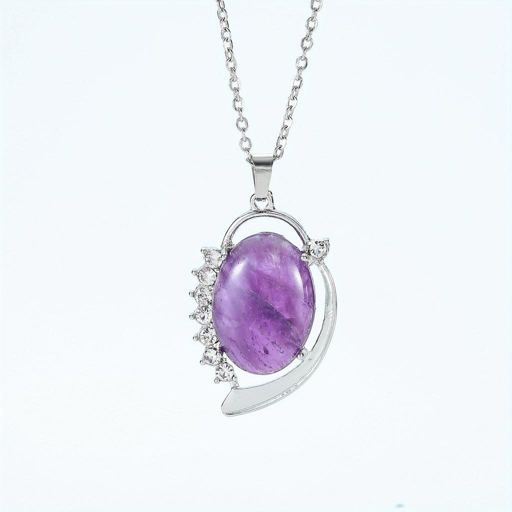 Natural Crystal Stone Pendants Necklaces Oval Bead Healing Pink Quartz Jewelry for Women Oval Shape Charms Metal Alloy Pendant