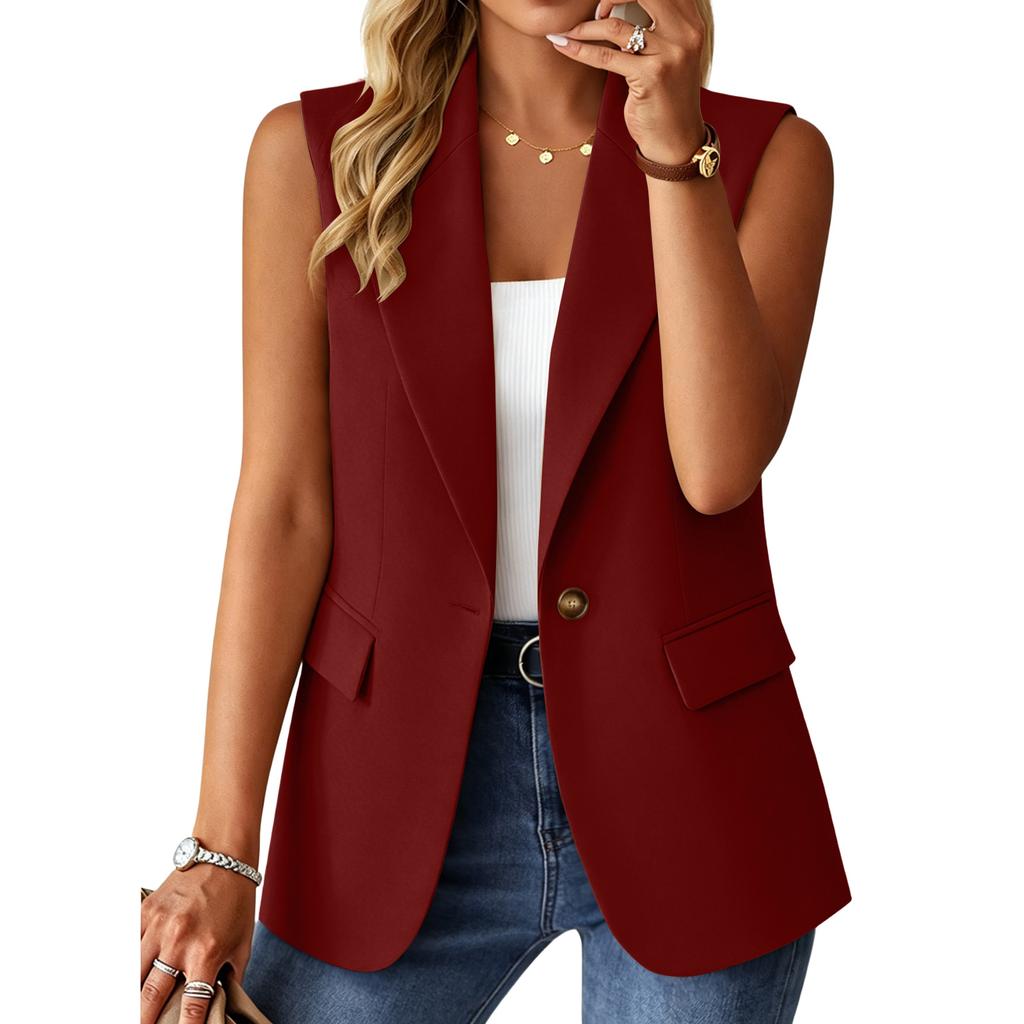 Γυναικείο Business Casual Αεριζόμενο Αμάνικο Γιλέκο-Μπλέιζερ Μονόχρωμο με Πιέτα και Ανοιχτό Μπροστινό Μέρος Κατάλληλο για Γραφείο και Καθημερινή Χρήση