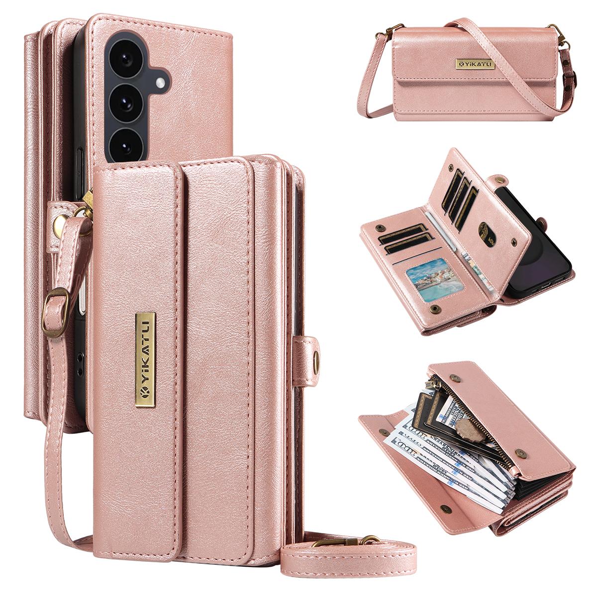 

For Samsung Galaxy S25 FE Case YIKATU YK-008 Zipper Wallet Leather Phone Cover with Shoulder Strap Rose Gold