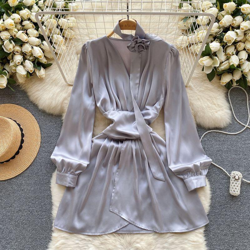 

Accessible Luxury Spring Clothing Long-Sleeved, Slim-Fit, Short Satin Dress Blue-Gray S