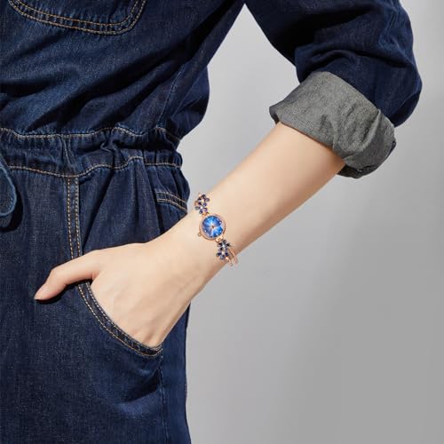 Time100 Sommer Damen Armbanduhr Japanisches Quarz Armband Stil Facettiertes Glas Kristallverzierter Riemen Wasserdichte Uhr Geschenkbox (Blaue Farbe)