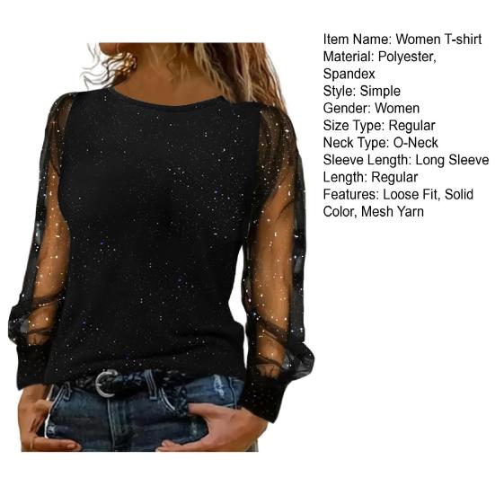 Women T-shirt O-neck Mesh Hollow Puff Long Sleeves Soft Stretchy Tops Shiny