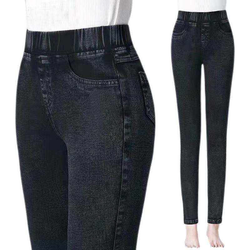 Elastische Bleistifthosen mit hohem Bund in Übergröße für Frauen mittleren Alters – Leggings in Imitat-Denim für Frühling/Herbst