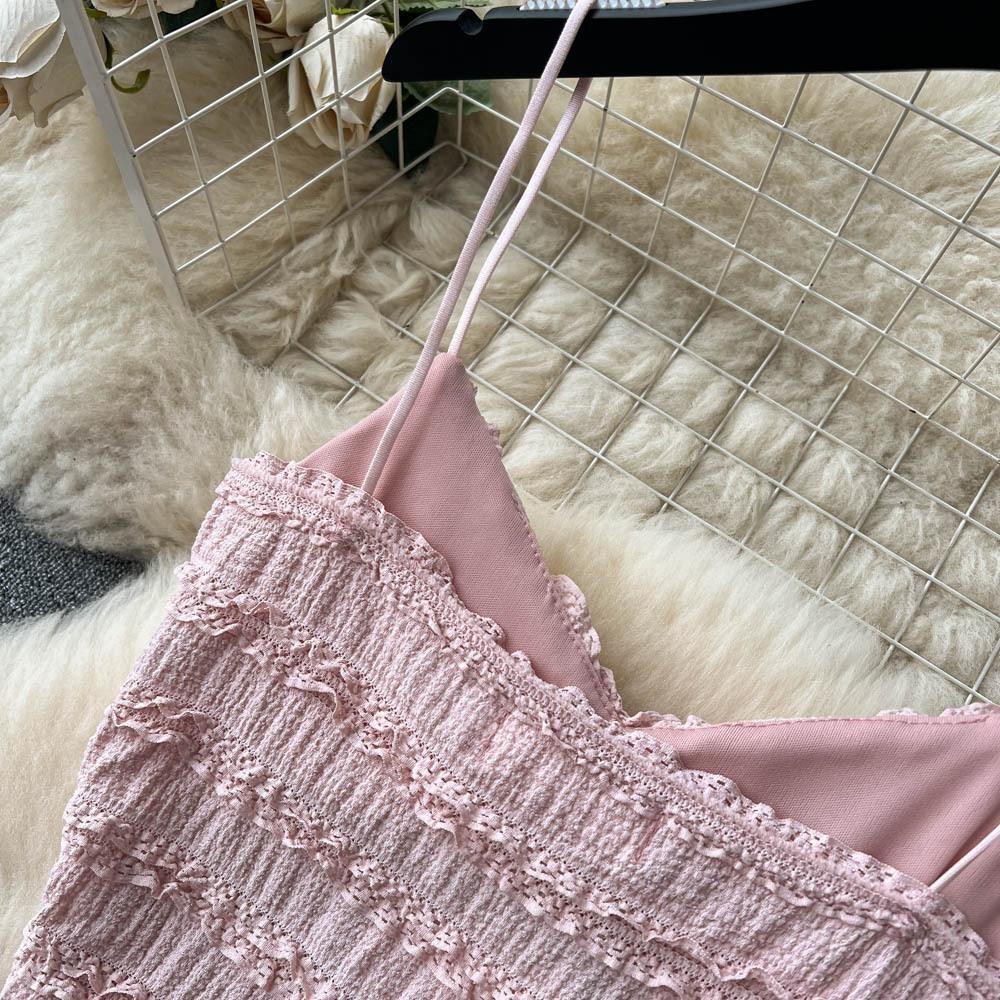 Korean Style Sweet Lace Skirt Two Piece Set Women Summer V-neck Tank Top A-line Long Skirts Beach Outfits