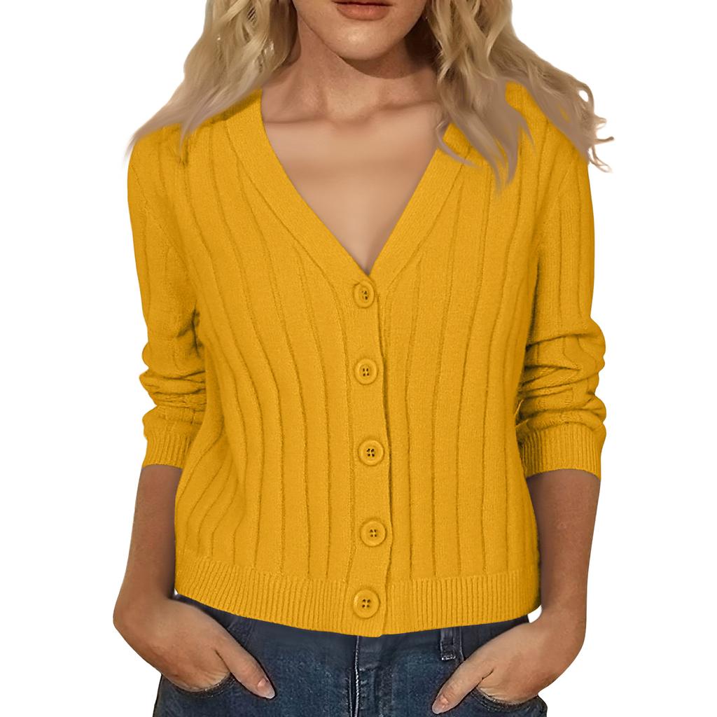 Women's Fashion Long-Sleeve V-Neck Lightweight Knit Sweater Solid Color Outerwear Top