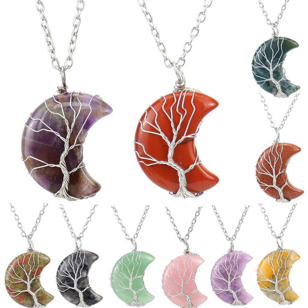 Natural Stone Amethyst Moon Tree Of Life Pendant Necklace, Wound And Wound Handmade Fortune Tree Crystal Necklace N571