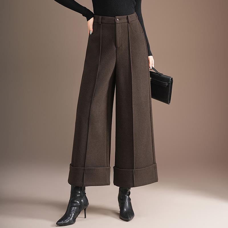Women s High Waist Wide Leg Woolen Pants - Winter Slimming Cuffed Cropped Trousers XL