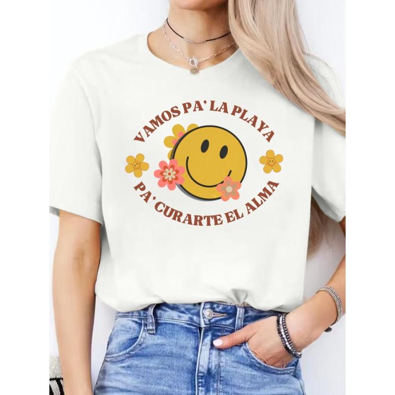 Women's Spanish Alphabet - Print T-Shirt - Spanish Language Learning, Casual Short Sleeve Round Neck Blouse for Spanish Class & Casual Attire
