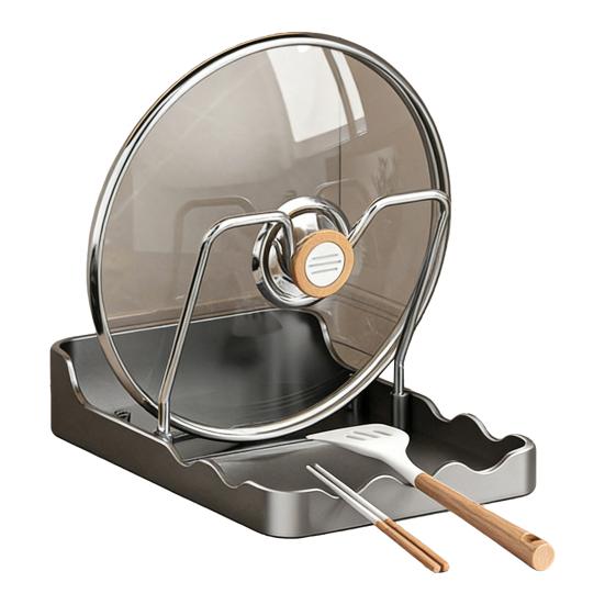 Countertop Pot Lid Holder Pan Lid Storage Rack with Drain Tray Pot Lid Stand with Spoon Rest While Cooking Kitchen