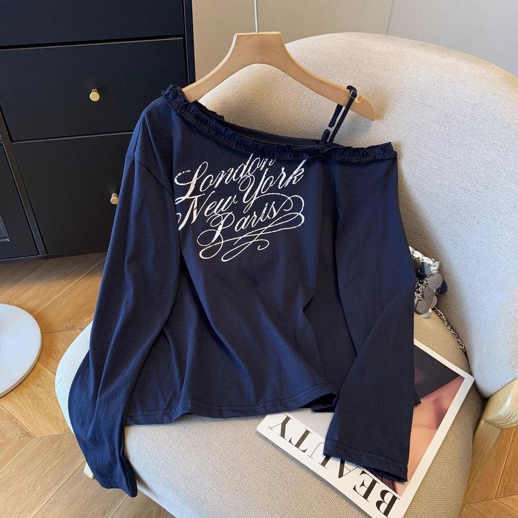 Women's Plus Size Off-Shoulder Letter Print Long Sleeve Lace Top