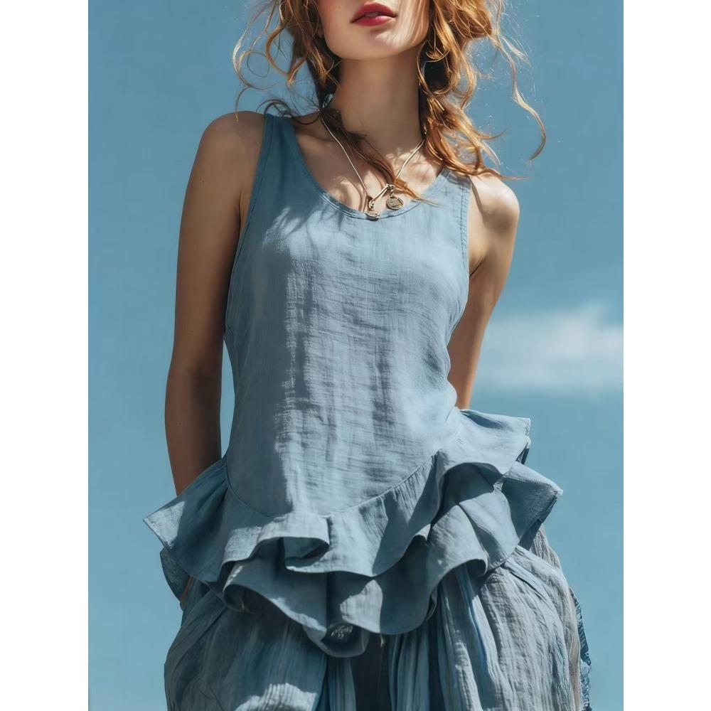 Spring and Summer New Style Casual Fashion Sleeveless Bottom Hem Lotus-Edged Top