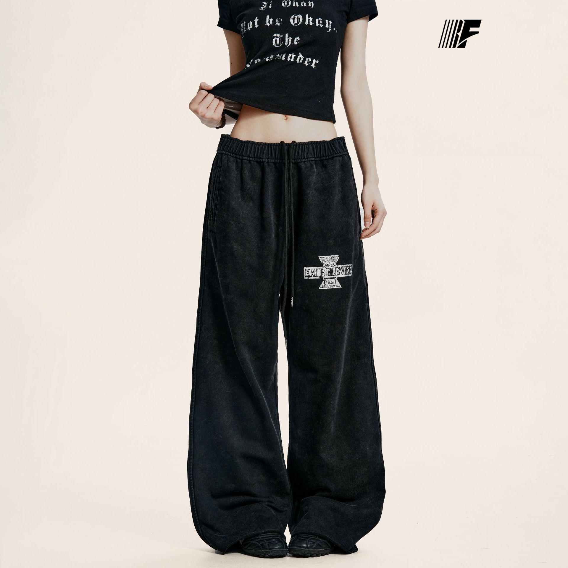 Yongfang Unisex Retro Letter Print Wide-Leg Street Style Pants L