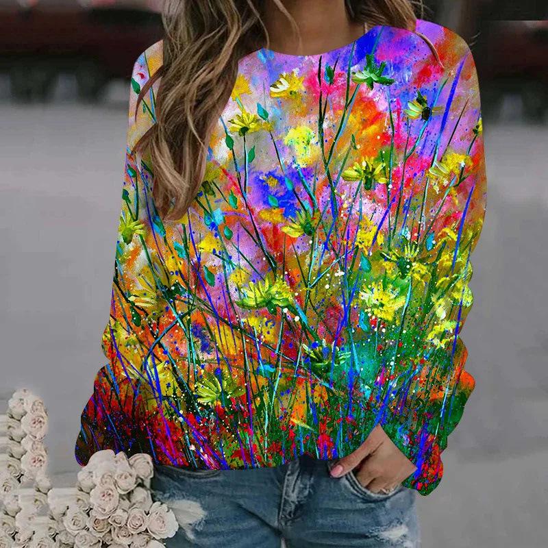 Autumn Winter 3D Oil Painting Printed sweatshirts Women's Printed Pullover Harajuku fashion Clothing Colorful Tops