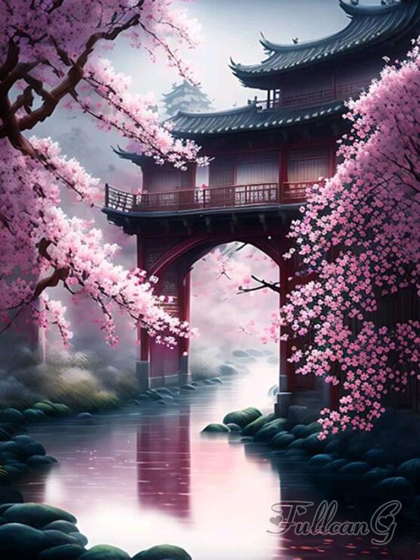 Japanese Cherry Blossoms Diamond Painting New Arrivals Waterfall Temple Landscape Full Rhinestone Embroidery Mosaic Cross Stitch Kits AA4518
