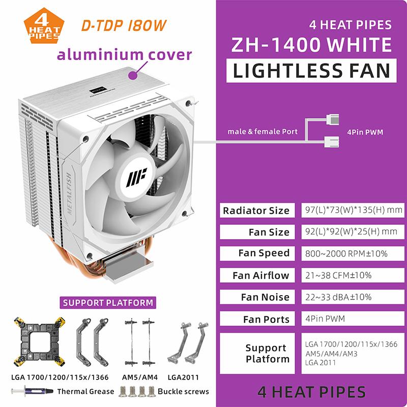 METALFISH CPU Cooler PC White Radiator 4PIN PWM Silent ARGB Fan For Intel 1700 1200 1150 1155 1156 1366 2011 AM5 AM4 AM3 x99 x79