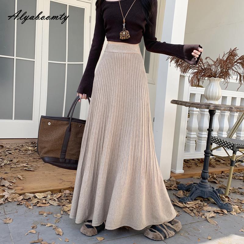 Korean Fashion Autumn Winter Women Maxi Long Skirt High Waist Black Beige Grey Knitting Skirt Elegant Feminine Pleated Skirts Womens
