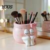 Cartoon Girl Statue Cute Pen Holder, Resin Makeup Brush Decorative Desktop Storage Accessories Organizer with Bow Design, Sundries Bucket for
