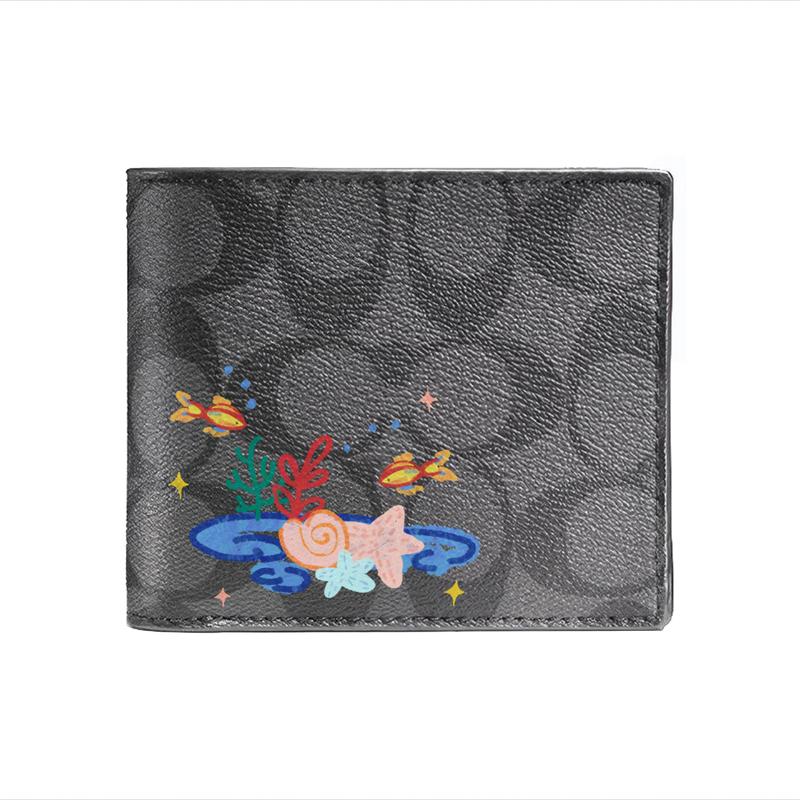 

COACH wallet [Customized bag] 3 IN 1 Bafang Lai Cai shows off embossed printed short folding belt with detachable card holder underwater world чорний