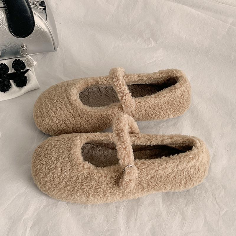 

Мода Мода Балетки из шерсти с круглым носком Женские Лаконичные Теплые Плюшевые Лоферы Дамский Дизайн Бренда Пушистые Туфли Мэри Джейн Красного Серого Цвета 39