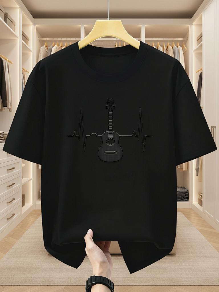 Summer Mens Shortsleeved Unique Guitar and Electrocardiogram Design In 100 Cotton Simple Elegant A Vintage Style Harajuku