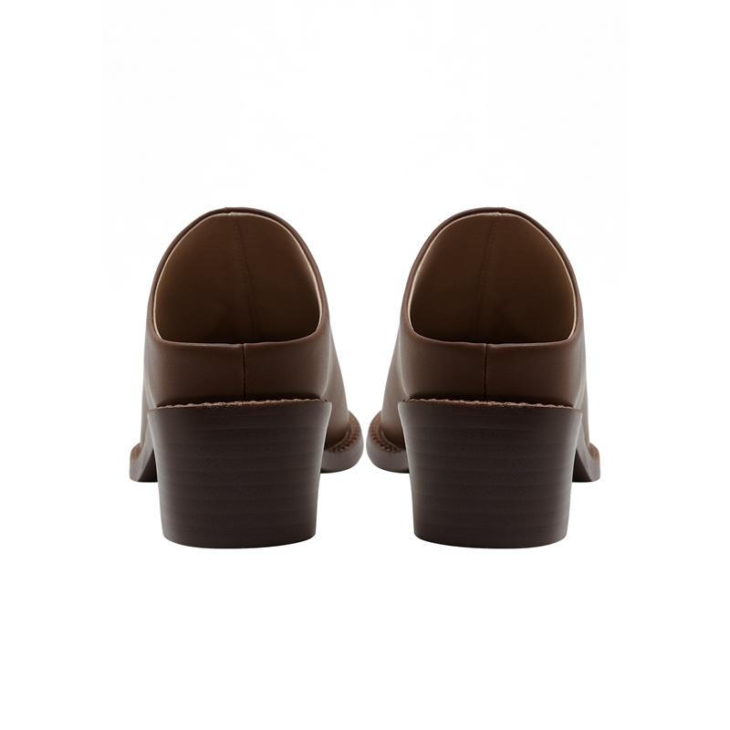 Fashion Kaky's New Pointed Cow Tied Leather Thick Heel Medium Heel Large Women's Slippers, Wrapped Half Slippers, Muller Shoes