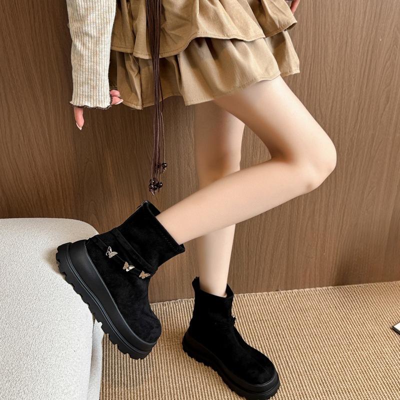 Fashion Wedge Platform Single Boots Autumn New Round Toe Suede Metal Bow Rear Zipper Anti-Slip Wear-Resistant Booties