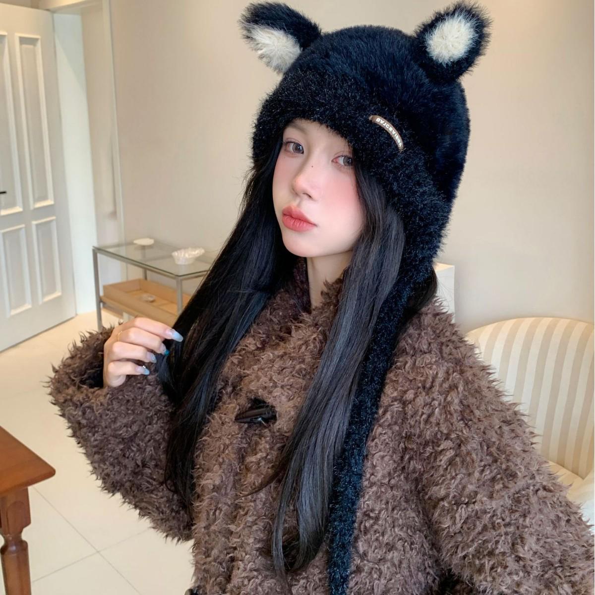 

Women s Cute Teddy Bear Plush Knitted Beanie - Warm Autumn/Winter Cartoon Tie-Ear Hat, Face-Slimming, Versatile.