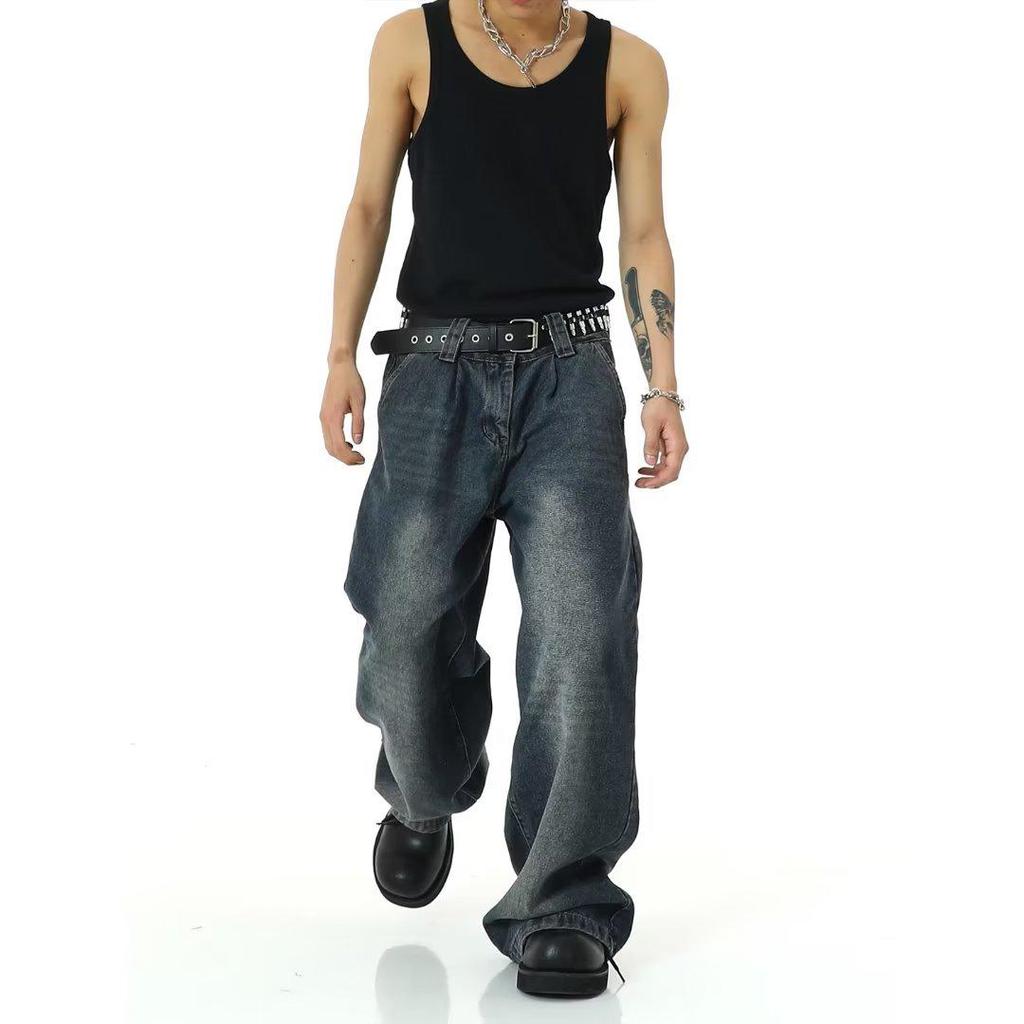 Men's American Retro Wide-Leg High Street Washed Jeans - Loose, Casual, Large-Size Trousers