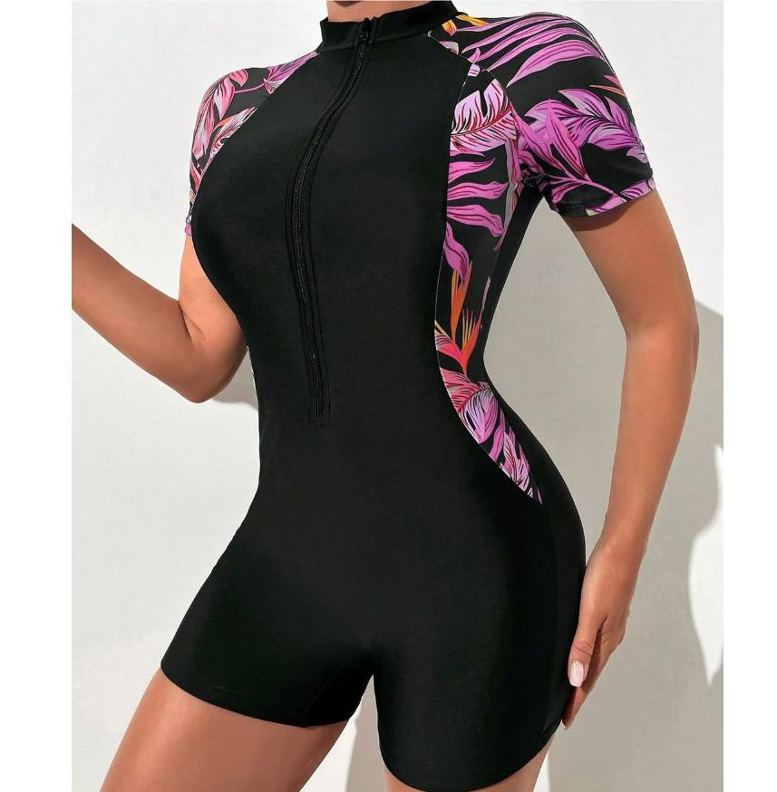 One Piece Floral Swimwear Swim Suit Women Short Sleeve Swimsuit Zip Front Tropical Plant Surfing Sun Protectio