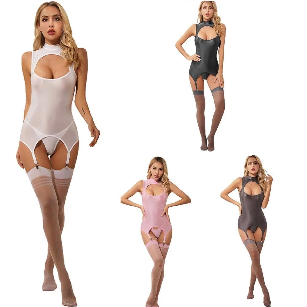 Glänzendes Damen-Teddybär-Dessous-Set mit Schlüsselloch, Strumpfgürtel, Tops, Body mit Tanga und oberschenkelhohen Strümpfen